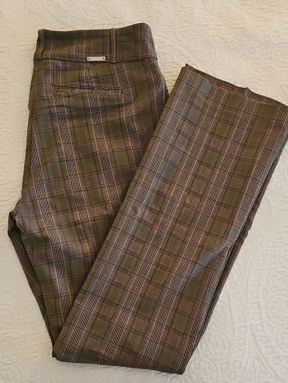 Womens Stretch Pull-on Plaid High-Waist Trousers in Brown